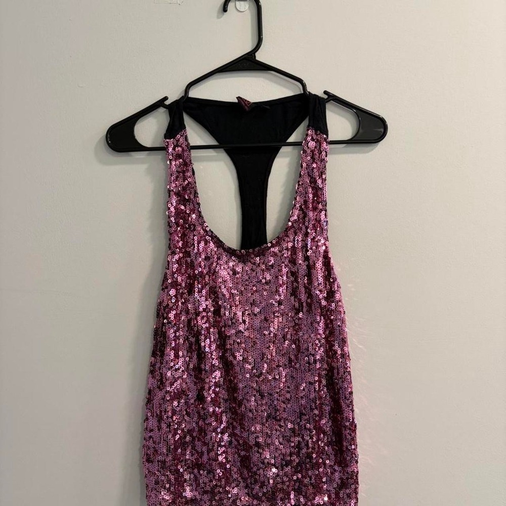 Vintage Pink sequin halter top with black mesh overlay and open back. Size: L